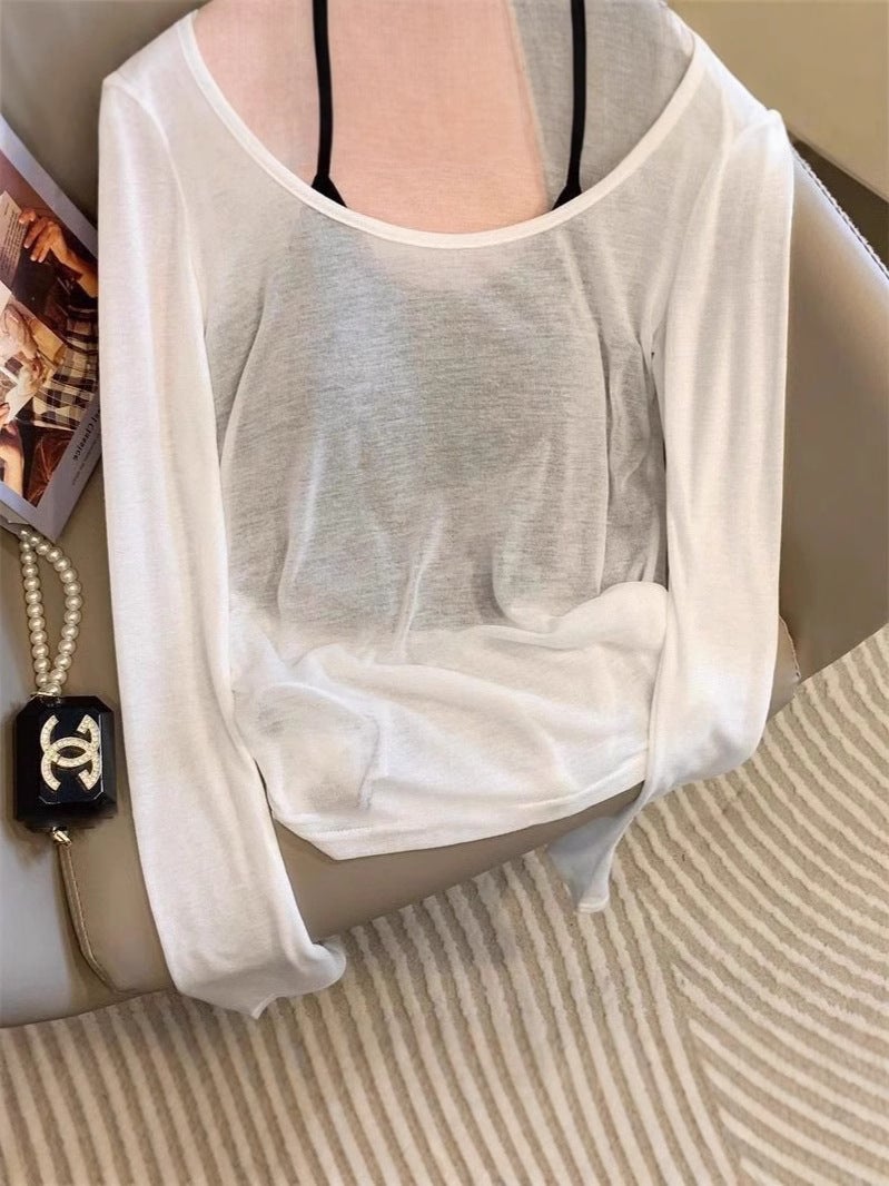 [Ready Stock In Our Own Factory] Hollow Pleated Women'S Sun Protection Knitted Blouse Long-Sleeved Suspender Thin Vest Two-Piece Set - Image 5